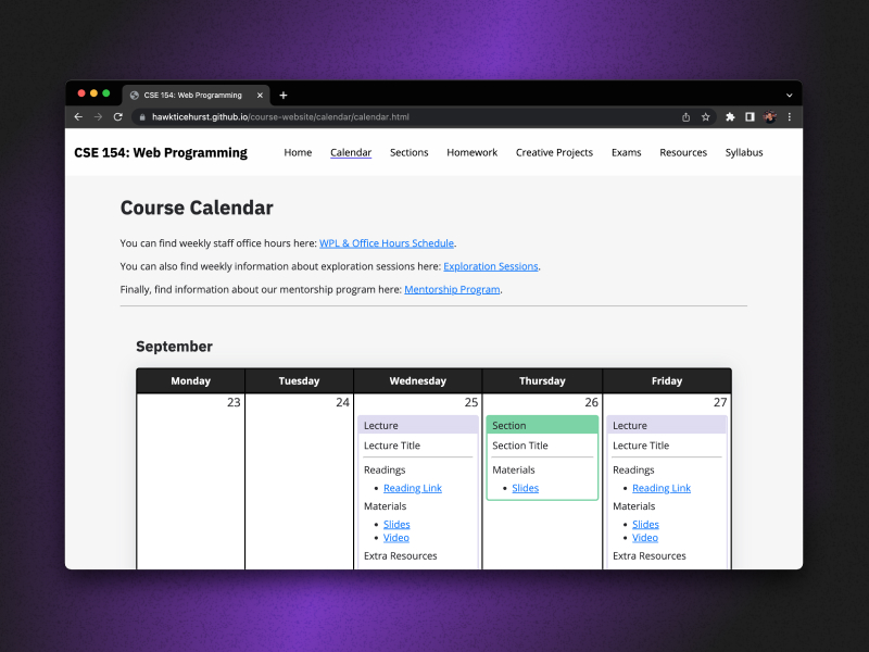 A screenshot of a browser showing the course website template calendar page.