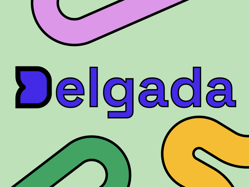 The Delgada logo centered above a pastel green background with thick colorful lines weaving across the background.