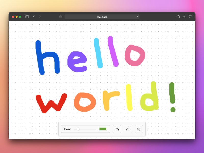 A screenshot of a browser with the Ephemeral Canvas app displayed. The canvas has hand drawn colorful letters saying hello world!.