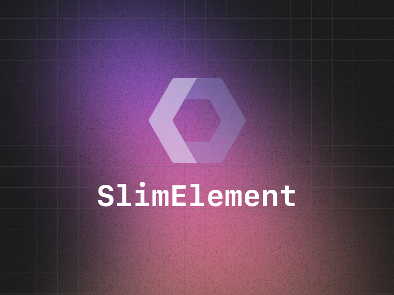 The text SlimElement() and the web component logo centered above a colorful gradient blob shape and a dark grey background.